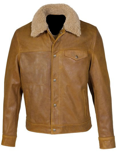 Men's Buffalo Leather Trucker Jacket with Sheepskin Collar