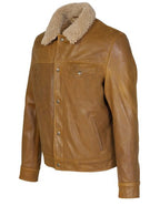 Men's Buffalo Leather Trucker Jacket with Sheepskin Collar