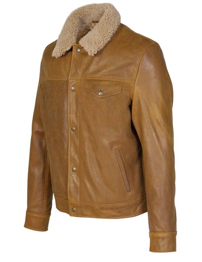 Men's Buffalo Leather Trucker Jacket with Sheepskin Collar