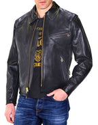 Men's Classic Horsehide Black Racer Motorcycle Leather Jacket with Spread Collar
